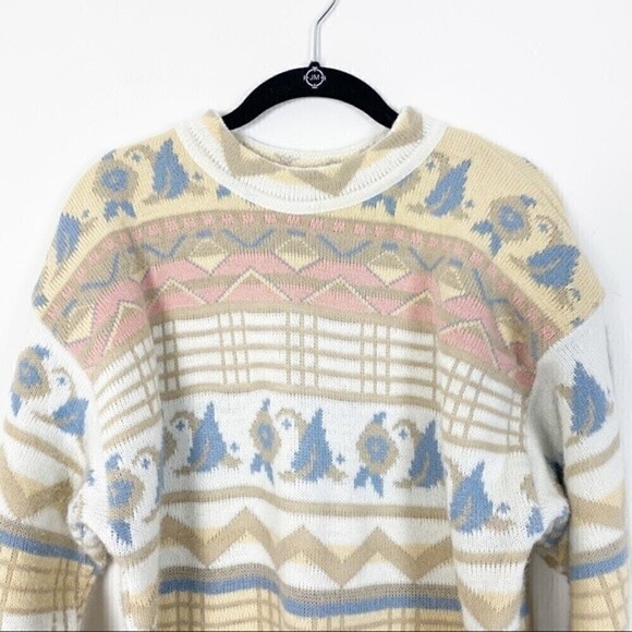 VINTAGE KEREN Pastel Abstract Knit Crewneck Grandma Sweater Slouchy Oversized - Picture 3 of 8